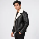 Black Leather Shearling Biker Jacket Side Pose