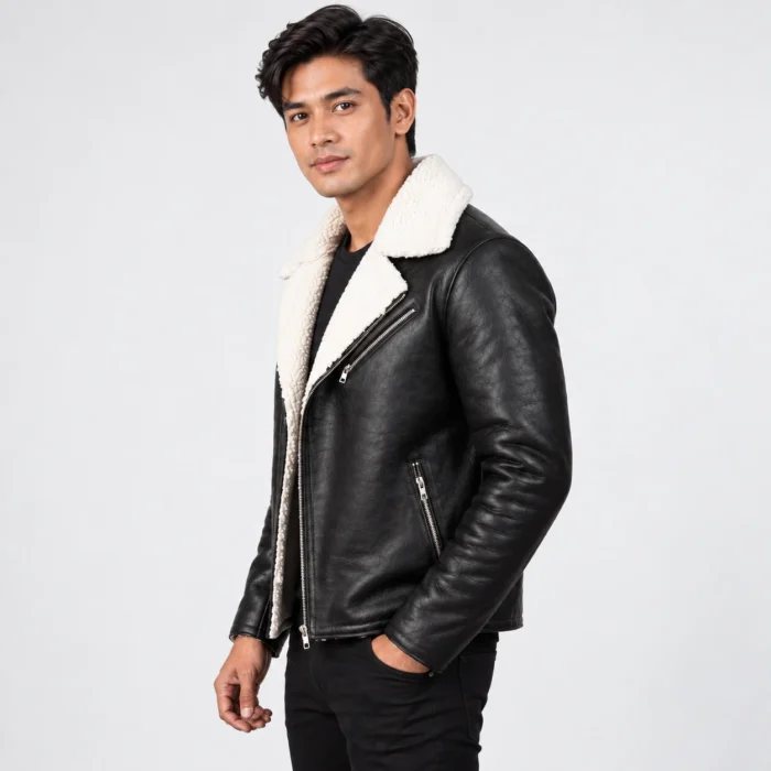Black Leather Shearling Biker Jacket Side Pose