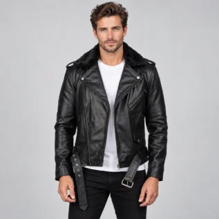 Black Leather Biker Jacket Front Pose