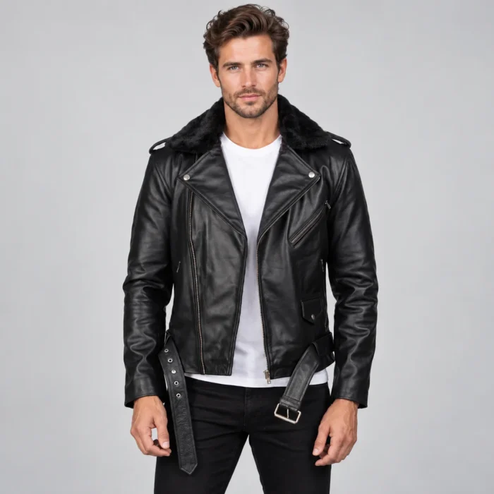 Black Leather Biker Jacket Front Pose