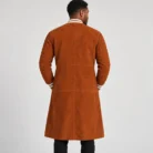 Men's Rust Brown Suede-Look Long Varsity Coat Back Pose
