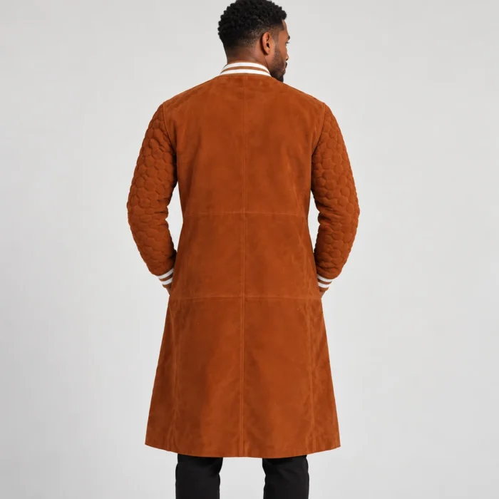Men's Rust Brown Suede-Look Long Varsity Coat Back Pose