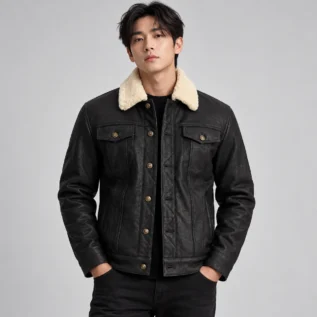 Men's Black Leather-Look Trucker Jacket Front Pose