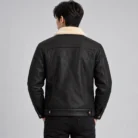 Men's Black Leather-Look Trucker Jacket Back Pose