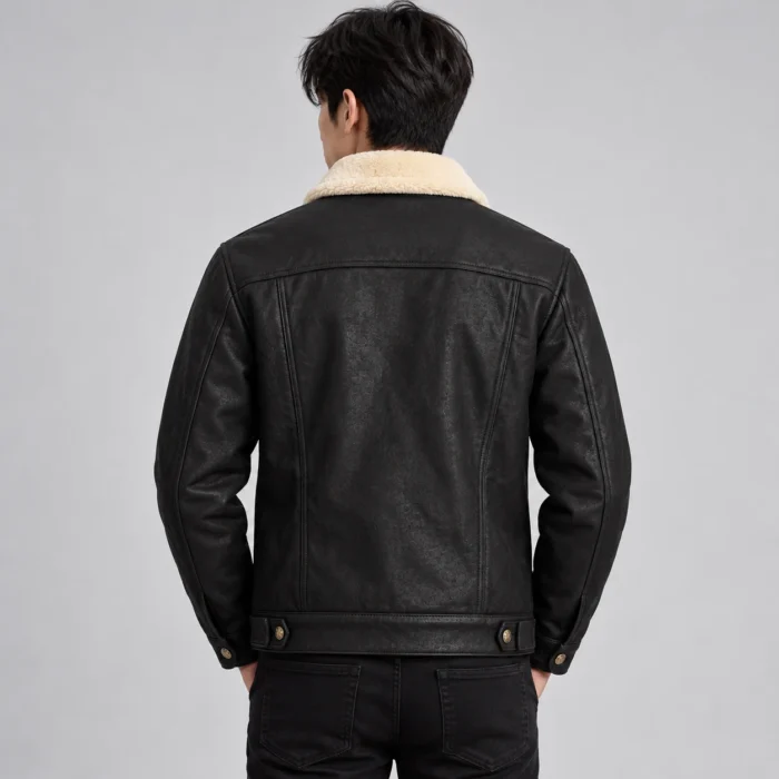 92f2148c-861c-4757-873d-f7b236d49bef Men's Black Leather-Look Trucker Jacket Back Pose
