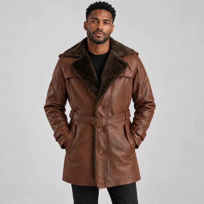 Men's Brown Leather-Look Coat Front Pose