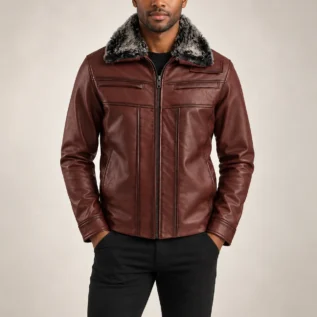 Men's Burgundy Leather-Look Jacket Front Pose