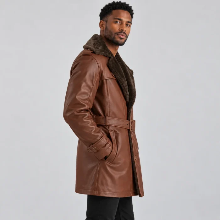 Men's Brown Leather-Look Coat Side Pose
