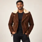 Men's Dark Brown Suede-Look Biker Jacket Front Pose