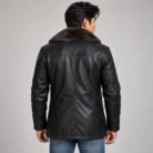 Black Leather Shearling Coat Back Pose