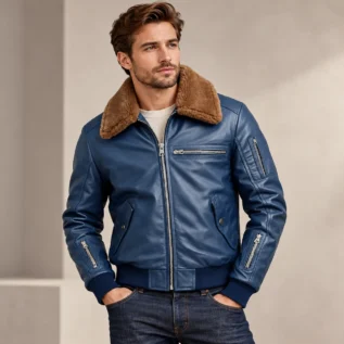 Leather Shearling Collar Bomber Jacket front pose