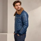 Leather Shearling Collar Bomber Jacket side pose