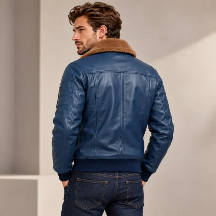 Blue Shearling-Collar Jacket Portrait Leather Shearling Collar Bomber Jacket back pose