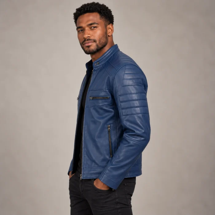 Confident Blue Leather Jacket Portrait Blue Leather Cafe Racer Jacket Side Pose