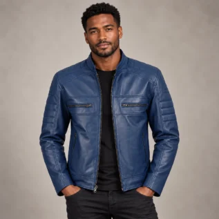 Blue Leather Cafe Racer Jacket Front Pose