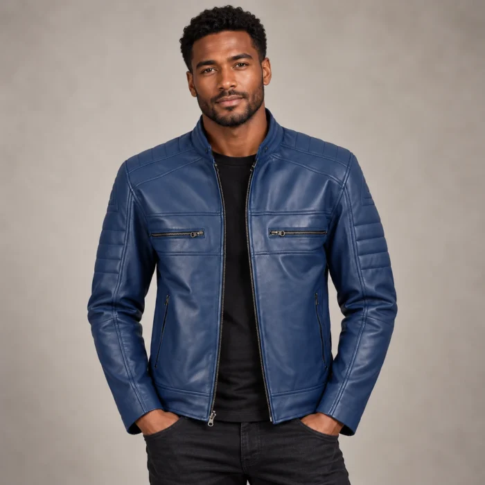 Confident Man in Blue Leather Jacket (1) Blue Leather Cafe Racer Jacket Front Pose