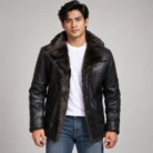 Black Leather Shearling Coat Front Pose