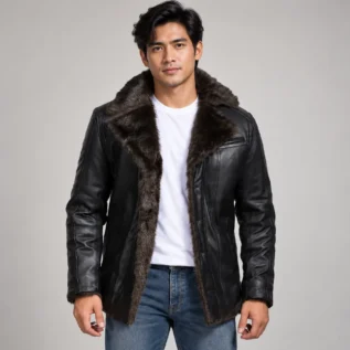 Black Leather Shearling Coat Front Pose