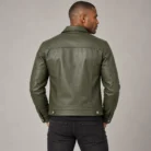 Olive Green Leather Trucker Jacket Back Pose