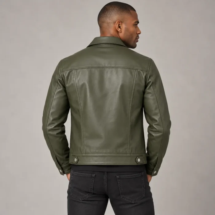 Olive Green Leather Trucker Jacket Back Pose