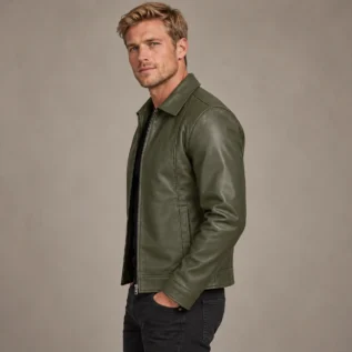 Olive Green Leather Jacket Side Pose