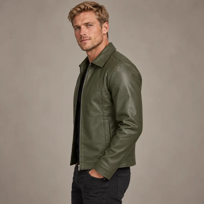Olive Leather Jacket Studio Portrait (1) Olive Green Leather Jacket Side Pose