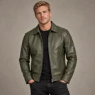 Olive Green Leather Jacket Front Pose