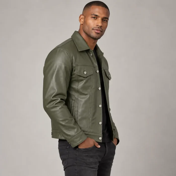 Olive Green Leather Trucker Jacket Side Pose