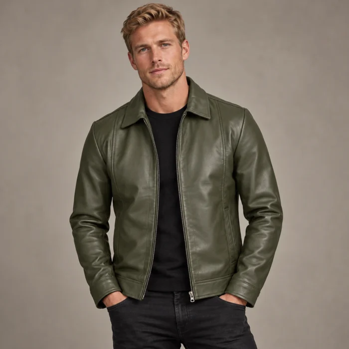 Olive Leather Jacket Studio Portrait Olive Green Leather Jacket Front Pose