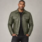 Olive Green Leather Trucker Jacket Front Pose