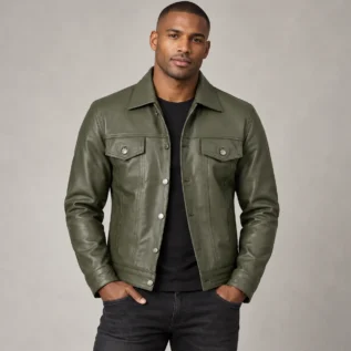 Olive Green Leather Trucker Jacket Front Pose