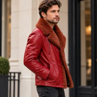 Men's Red Shearling Leather Jacket Side Pose