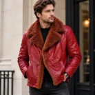Men's Red Shearling Leather Jacket Front Pose