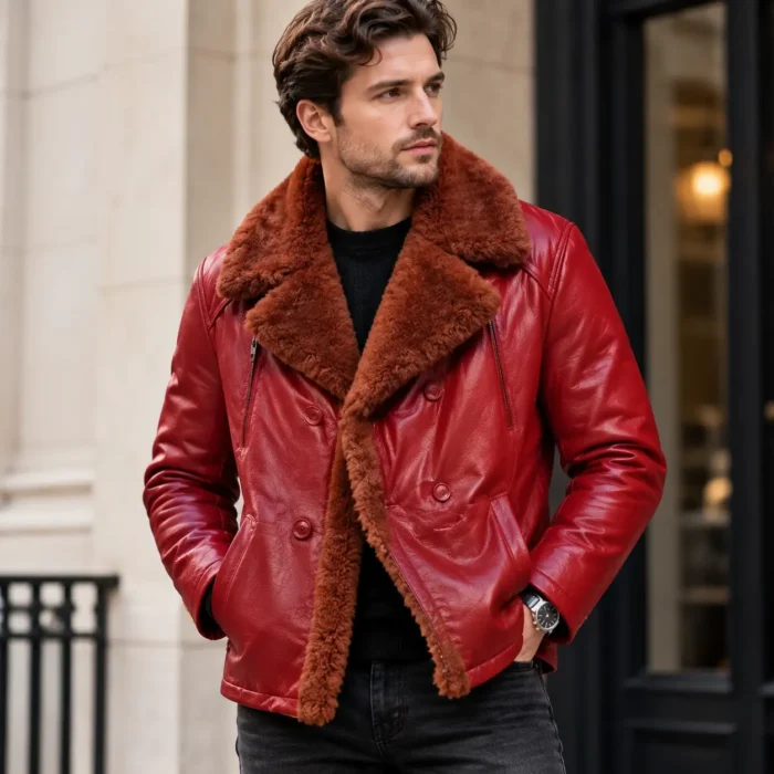 Men's Red Shearling Leather Jacket Front Pose