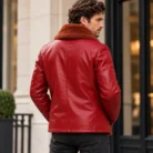 Men's Red Shearling Leather Jacket Back Pose