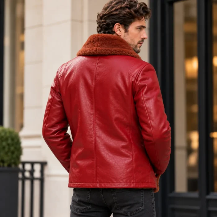 Men's Red Shearling Leather Jacket Back Pose