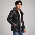 Black Leather Shearling Coat Side Pose
