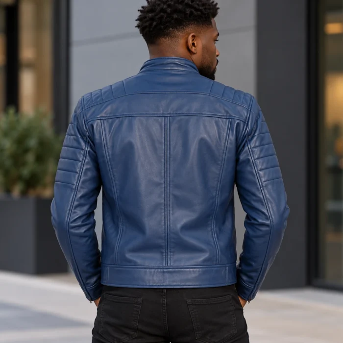 Urban Blue Leather Jacket Portrait Blue Leather Cafe Racer Jacket Back Pose