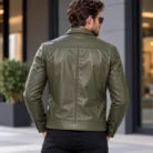 Olive Green Leather Jacket Back Pose