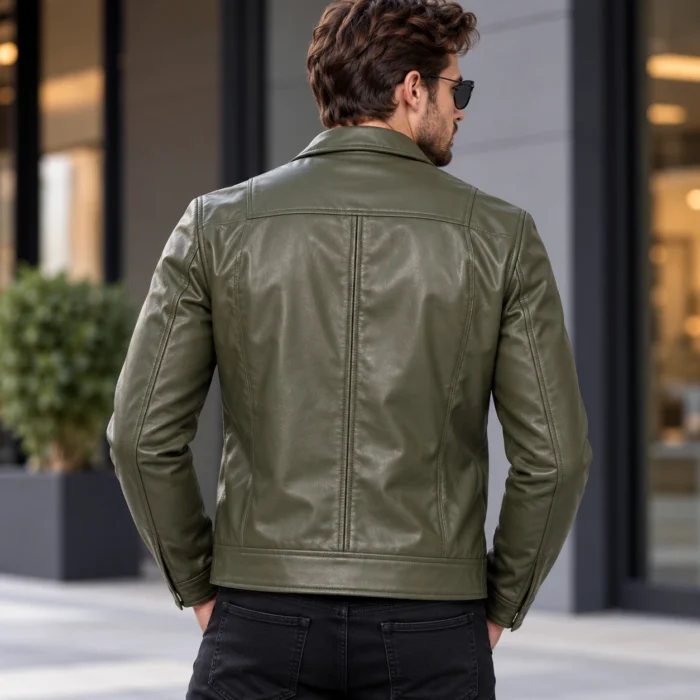 Urban Olive Leather Jacket Portrait Olive Green Leather Jacket Back Pose
