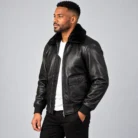 Black Leather Bomber Jacket Side Pose