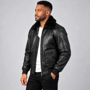 a26ae211-60a6-4abe-b586-e02bb0148fd2 Black Leather Bomber Jacket Side Pose