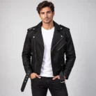 Men's Black Leather-Look Biker Jacket Front Pose