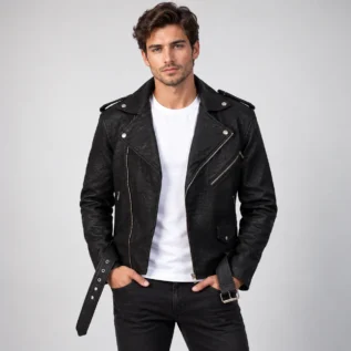 Men's Black Leather-Look Biker Jacket Front Pose