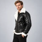 Black Leather Shearling Aviator Jacket Side Pose