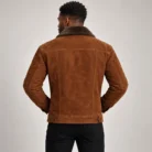 Men's Cognac Brown Suede-Look Trucker Jacket Back Pose