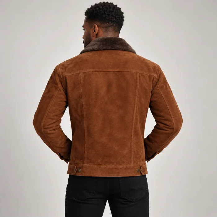 Men's Cognac Brown Suede-Look Trucker Jacket Back Pose