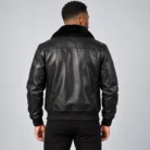 Black Leather Bomber Jacket Back Pose