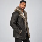 Men's Charcoal Leather-Look Winter Coat Side Pose