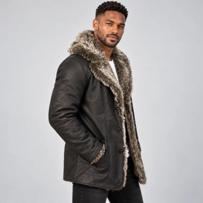b432a6eb-5a91-4fc9-9ffe-d48ad27e396a Men's Charcoal Leather-Look Winter Coat Side Pose